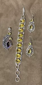 Set aus 3 gelben Edelsteinen .925 Sterlingsilber Anhänger, Armreif, Ohrringe - Bild 1 von 8