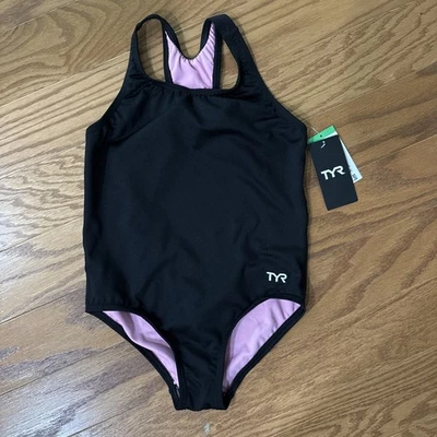 TYR Girls' Black Durafast Lite Ella Maxfit Swimsuit sz M 7/8 NWT - Image 1 of 4