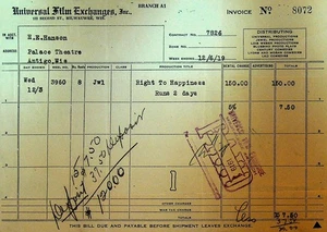 Factura Universal Film Exchanges 6 de diciembre de 1919 Derecho a la Felicidad - Imagen 1 de 1