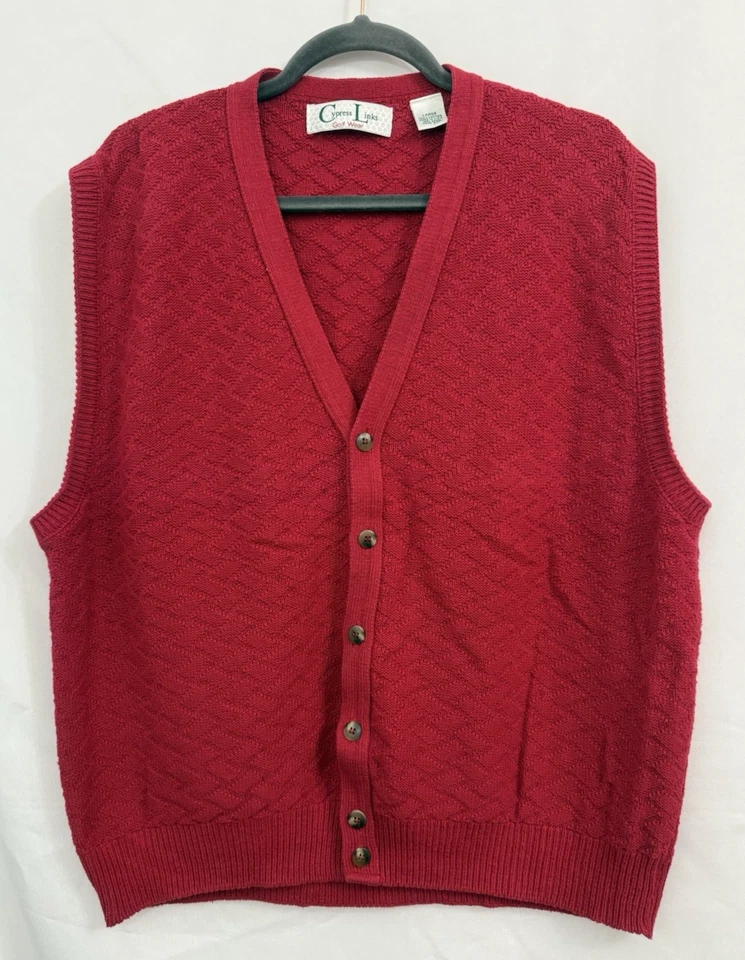 VTG Cypress Links Golf Sweater Vest Textured Solid Red Button Mens Size L - Image 1 of 4