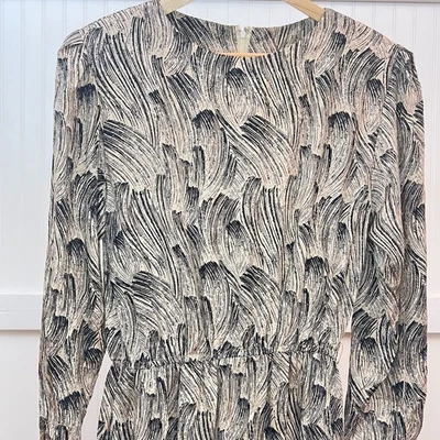 Doncaster Vintage 80s 12 Abstract Brushstroke Midi Dress Long Sleeve Beige Black - Image 1 of 4