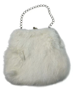 Vintage Rabbit Fur Purse Gold Metal Chain Strap Kiss Clasp Navy Satin Lining - Image 1 of 4