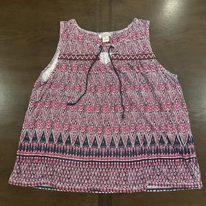 Lucky Brand Sleeveless Summer Blouse Tank Geometric Print Womens Large Pink Blue - Picture 1 of 16