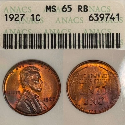 MS65RB 1927 1C Lincoln Wheat Cent, ANACS Old Soapbox Holder- Red/Purple Toned - Image 1 of 4