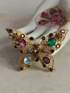 Vintage Czech Filigree Colorful Glass Stones Gold Tone Butterfly Brooch C-clasp - Bild 1 von 14