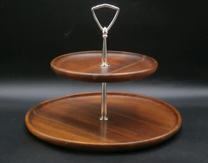 Mid Century Real Vermillion Walnut Two Tier Serving Tidbit Tray Nice Grain USA - Picture 1 of 14