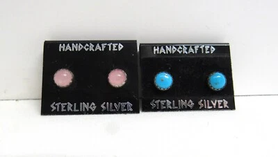 Пара из чистого серебра гвоздики пирсинг серьги - розовый кварц, бирюза - новый без ЯРЛЫКОВ - Изображение 1 из 4