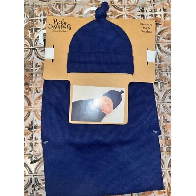Baby Essentials Hat and Swaddle NIP Navy Blue - Image 1 of 3
