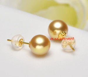 Top 11-12MM round real NATURAL SOUTH SEA deep golden PEARL stud EARRINGS 18K - Picture 1 of 6