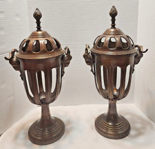 RARE Large Bronze Finish Slotted Urns Ram's Head Handles Flame Finial 18'' Heavy
