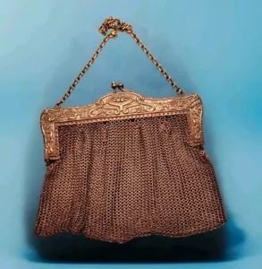 Antique Stamped German Silver Mesh Purse Floral Frame With Chain Handle - Picture 1 of 13