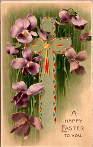 1908 Easter Hold To Light Postcard With Cross & Purple Flowers - Picture 1 of 2