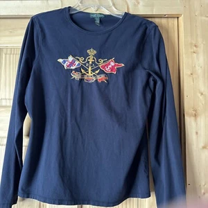 Lauren Ralph Lauren Embroidered Top Women L Navy Blue Pullover Shirt Stretch - Picture 1 of 6