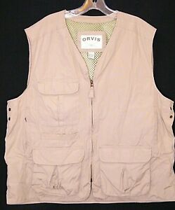 Orvis Khaki Cotton Fishing Outdoor Cargo Travel Vest Many Pockets Men's size XL