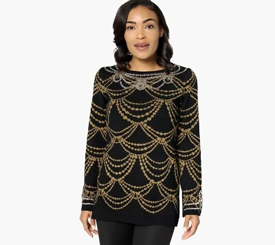 Isaac Mizrahi Live! Размер M маленький жаккардовый свитер с металлической деталью черный A624592 - Изображение 1 из 4