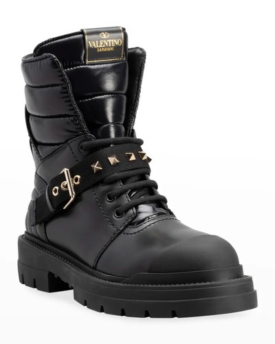 Stivali da trekking neri Valentino Garavani Rockstud Moto Combat $1390 taglia 41