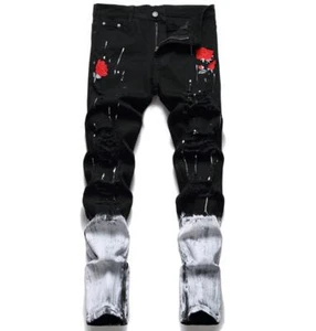 Pantaloni uomo punk ragazzo ricamo rosa denim strappato gamba dritta pantaloni con cerniera nuovi - Foto 1 di 12