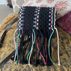 O BAG ITALY Pocket Handbag Black Red & Blue Cotton Crochet Fringe Flap - Picture 1 of 5