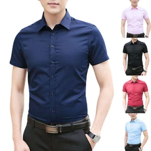 Men's Business Formal Shirt Short Sleeve Button Down Slim Fit Dress Work Shirts - Picture 1 of 17