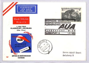 AUSTRIA Air Mail Cover AUA FIRST FLIGHT Klagenfurt-Salzburg/Vienna 1963 YG209 - Picture 1 of 10