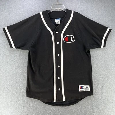Champion Mens Medium M Jersey Button Up Black Camisa Embroidered Logo Casual - Image 1 of 4