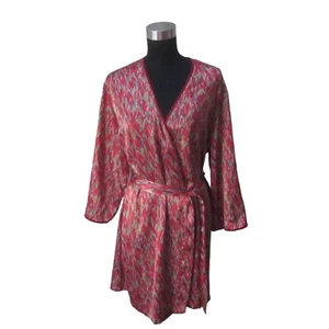 OSCAR DE LA RENTA Pink Label Red Olive Gray Print Short Satin Robe Sz M - Picture 1 of 4