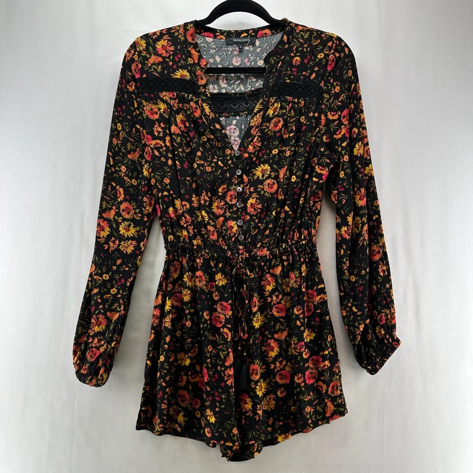 Mameluco Oliveaceous Talla S Campesino Boho Floral Manga Larga Crepé Negro Naranja Foto 1 de 4