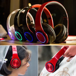 Wireless Foldable LED Flashing Stereo Bluetooth Headphone Heavy Bass With Mic US - Picture 1 of 16