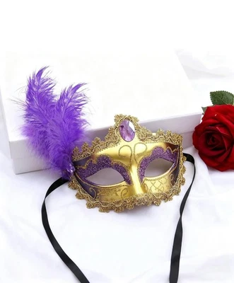Women Feather Masquerade Mask Fancy Dress Mask Party Wedding Mardi Gras Purple - Image 1 of 4