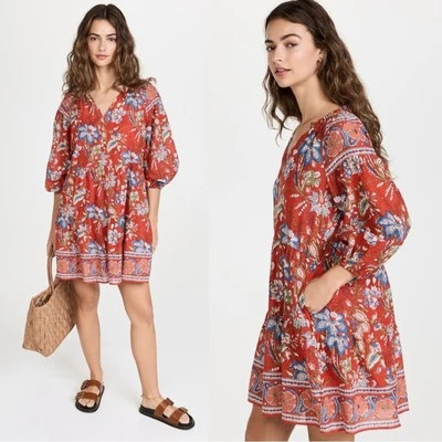 Бархатное платье Lilah в красном средний богемный индийский хлопок 70-е цветочный летний - Изображение 1 из 4