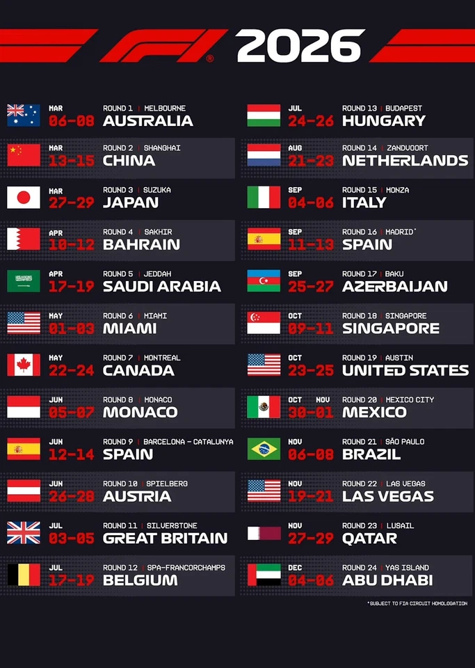 2026 FORMULA 1 SCHEDULE FRIDGE MAGNET 5" X 3.5" - Image 1 of 1