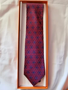 HERMES Tie 100% Silk Navy Blue Red Circle Pattern 7822 UA BRAND NEW IN BOX! - Picture 1 of 6
