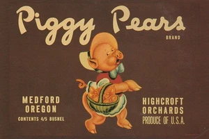 Medford, Oregon,Piggies pear box label postcard 1940 West publishers 1857 Sacram - Picture 1 of 2
