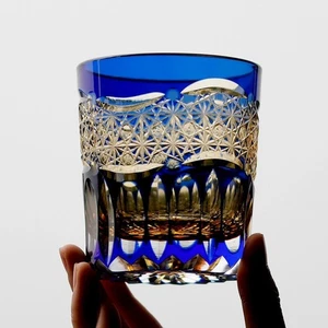 Crystal Whiskey Glasses Edo Kiriko Glass Hand Cut To Clear Glassware 9oz Blue - Picture 1 of 12