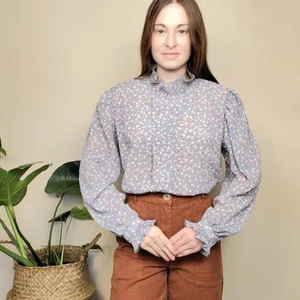 Vintage 70s Blue Pastel Floral Victorian Mockneck Ruffle Blouse Womens Large - Picture 1 of 8