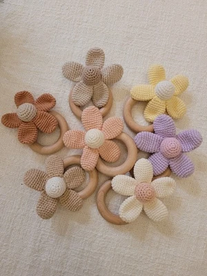 Baby Cotton Daisy Crochet Rattle Teether- Flower -Toy-100% Cotton- Beige/Brown - Image 1 of 3