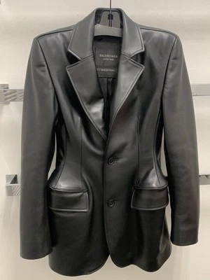 BALENCIAGA HOURGLASS 单排扣黑色 Calf 皮革西装外套夹克,尺寸 34FR/2US — 第 1/4 张图片