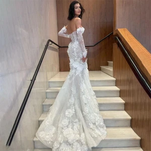 Modesto Vestido de Boda de Encaje Sirena Tren Novia Vestido Manga Desmontable - Imagen 1 de 11