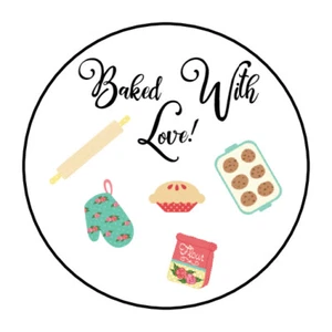 30 1.5" THANK YOU BAKED WITH LOVE BAKING COOKIES FAVOR LABELS ROUND STICKERS*** - Picture 1 of 1