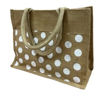 Jute Grocery/Beach Bag Tan/White‎ Polka Dot - Image 1 of 4