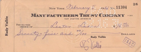 Rudy Vallee HAND Signed Cheque/Check, Autograph, Entertainer Cover