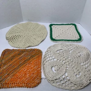 4 Vintage Handmade Crochet Doily Trivets or Wall Decor Cream Green Orange Colors - Picture 1 of 15