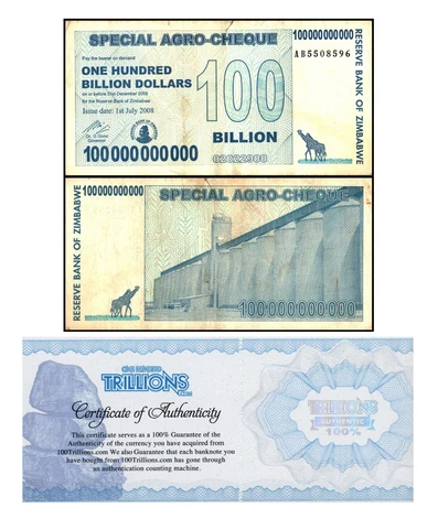 1 Zimbabwe 100 Billion Special Agro Cheque banknote 2008, P-64 USED COA Cover