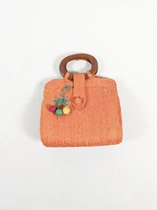 Orange Vintage Kirsche gewebte Handtasche tropische Früchte Pinup Stil Holzgriffe - Bild 1 von 8