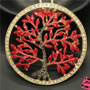 Fashion Women Round Red Bling Enamel Crystal Tree Twig Sweater Chain Necklace - Picture 1 of 4