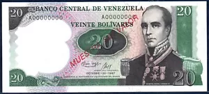 Venezuela UNC Specimen Note 20 Bolivares October 1987 P-71s Commemorative - Picture 1 of 2