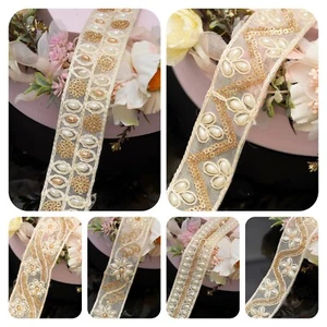 1 Yard 3Cm Wide Cream Gold Flat Zari Stone Dupatta Saree Lace Border Trim Sewon - Picture 1 of 28