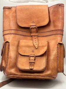 Large Vintage Pure Leather Backpack Brown Travel Rucksack Laptop Bag 12x6x18” - Picture 1 of 11