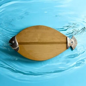 CAST ALUMINUM INLAID WOOD FISH cheese snack TRAY vintage 17" long Chartucherie - Picture 1 of 6