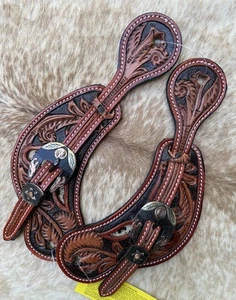 Pair Adult Size Western Spur Straps 2 Tone Leather Hair On Cowhide Inlay - Picture 1 of 9